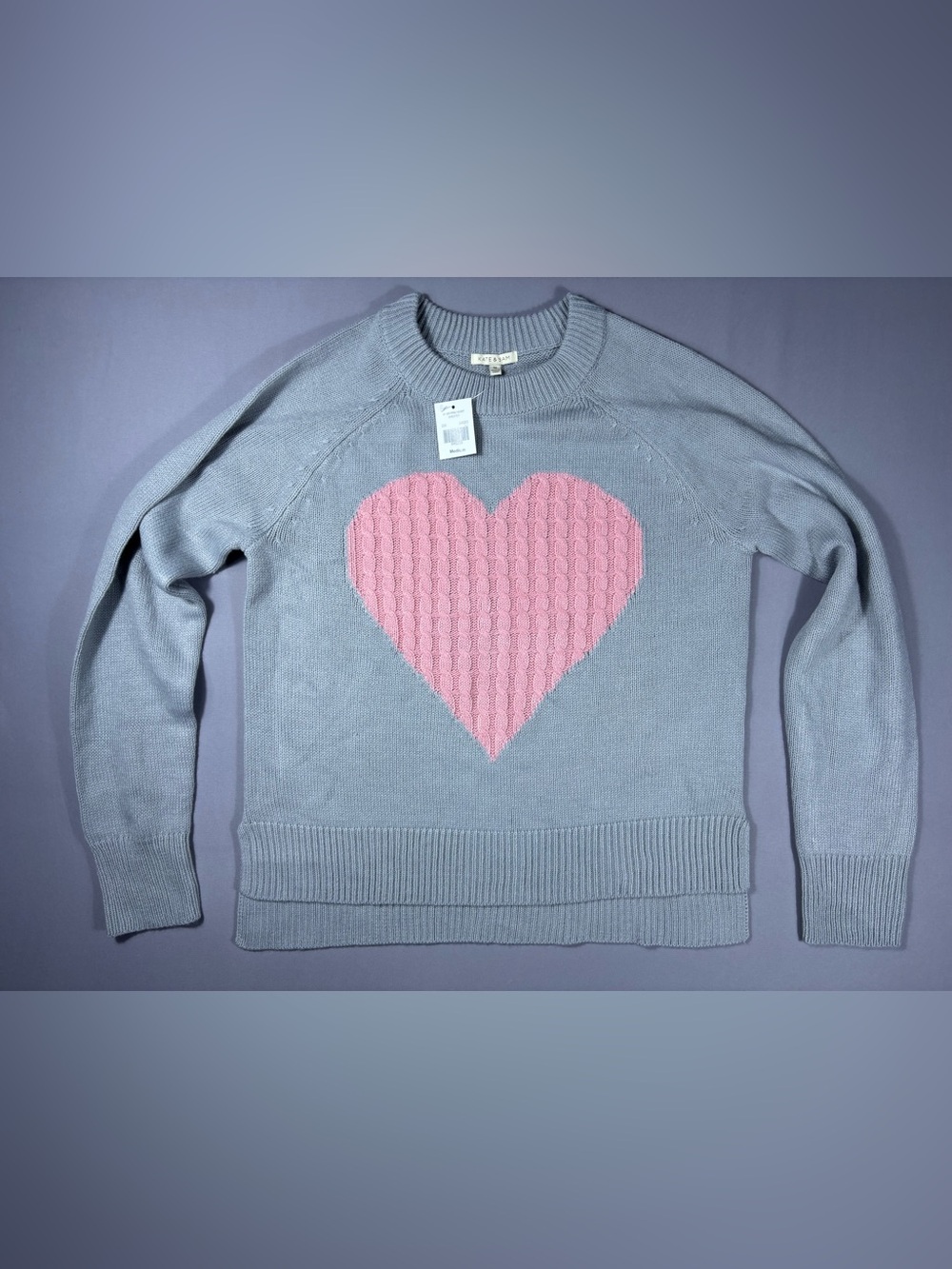 Light Gray Sweater with Pink Heart Motif - Women's Cozy Knit
